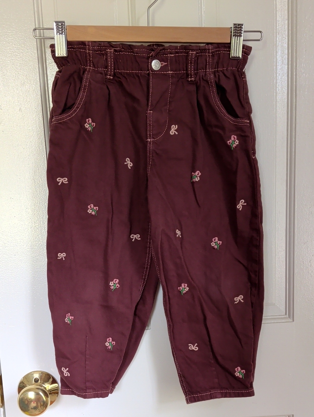 Zara Maroon Embroidered Floral Kids Barrel Pants/Bottoms